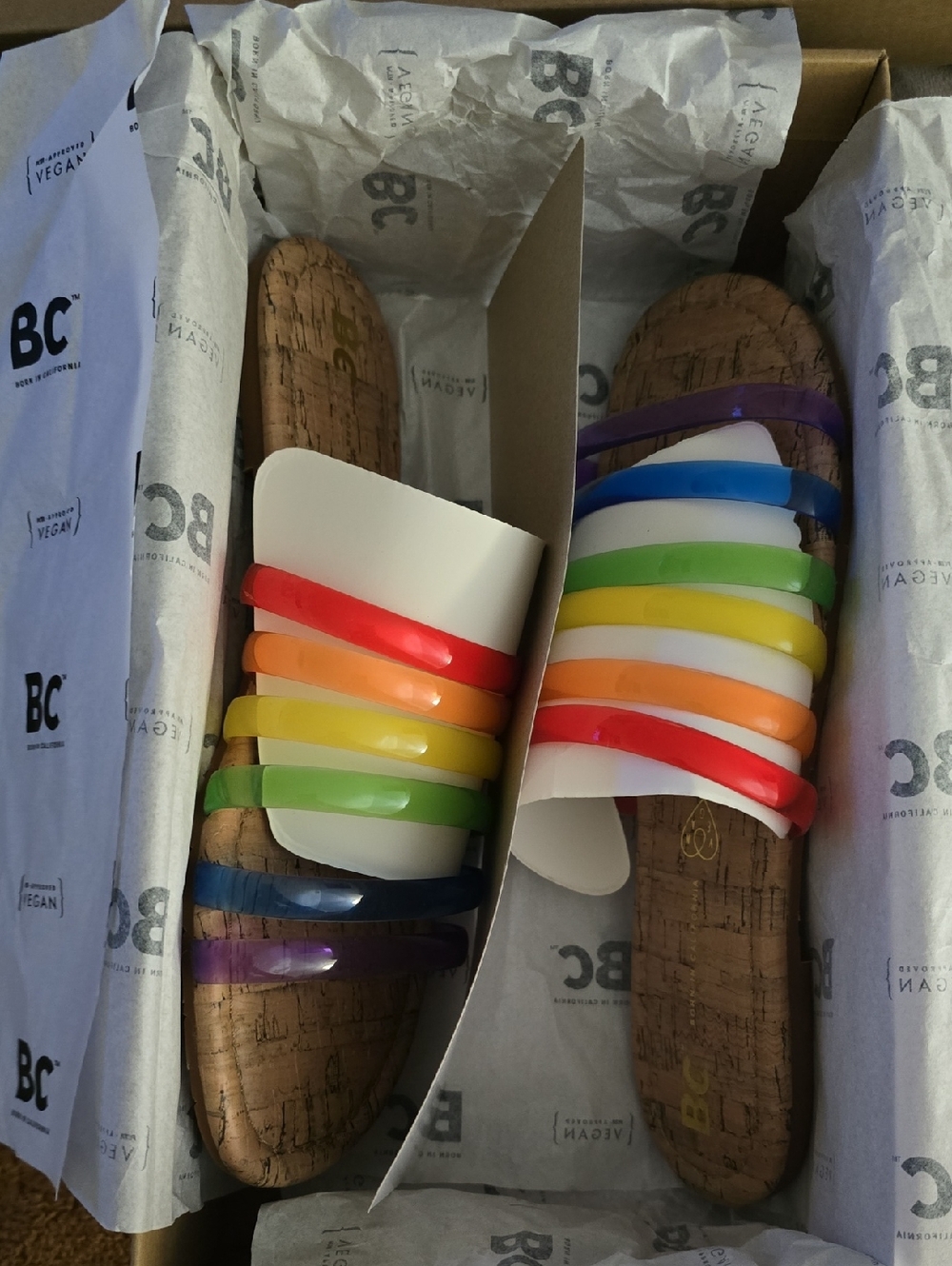 NIB: BC Vegan Rainbow Strappy Cork Slide Sandals